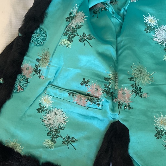 Gorgeous vintage rabbit fur coat turquoise floral silk lining custom made large - Picture 10 of 13